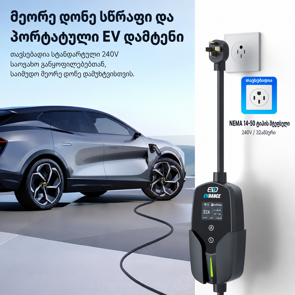 1 EVDANCE - TESLA NACS Portable EV charger EV-ACS3205T 6-32A / 7KW ( 🇺🇸 TESLA-სთვის )