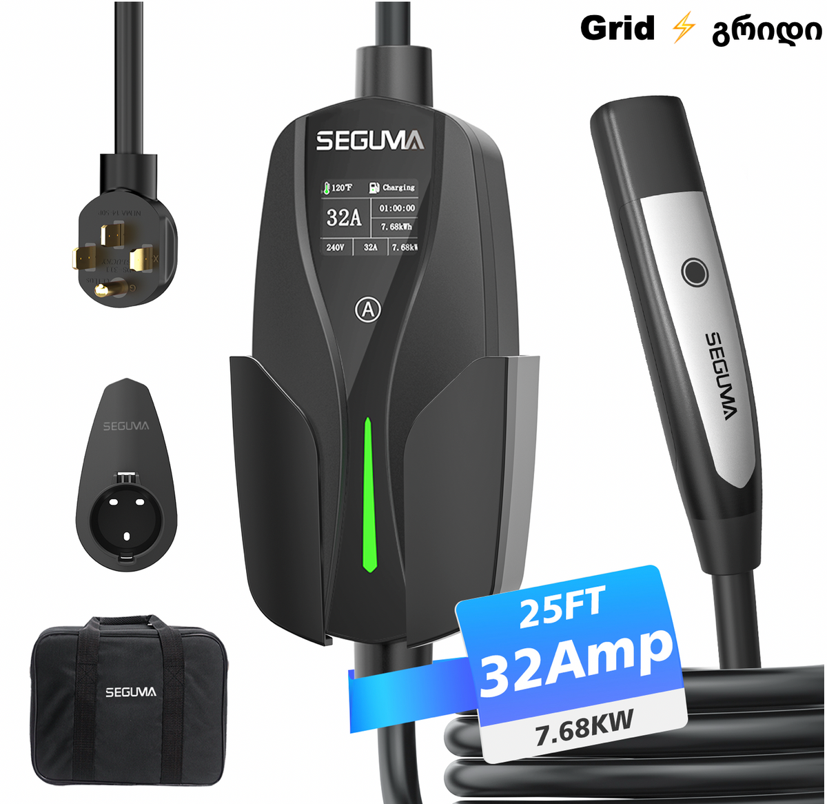 1 SEGUMA - NACS 10-32A AC ev charger 7.6KW ( 7.6 meters ) EV-ACS3202T NEMA 14-50 ( 🇺🇸 TESLA-სთვის )