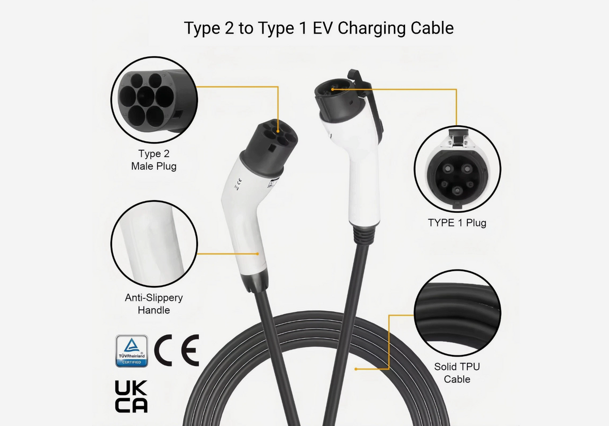 2 Type 2 to Type 1  EV Connector 32A 5მეტრი ( 🇪🇺ევროპულიდან 🇺🇸ამერიკულზე )