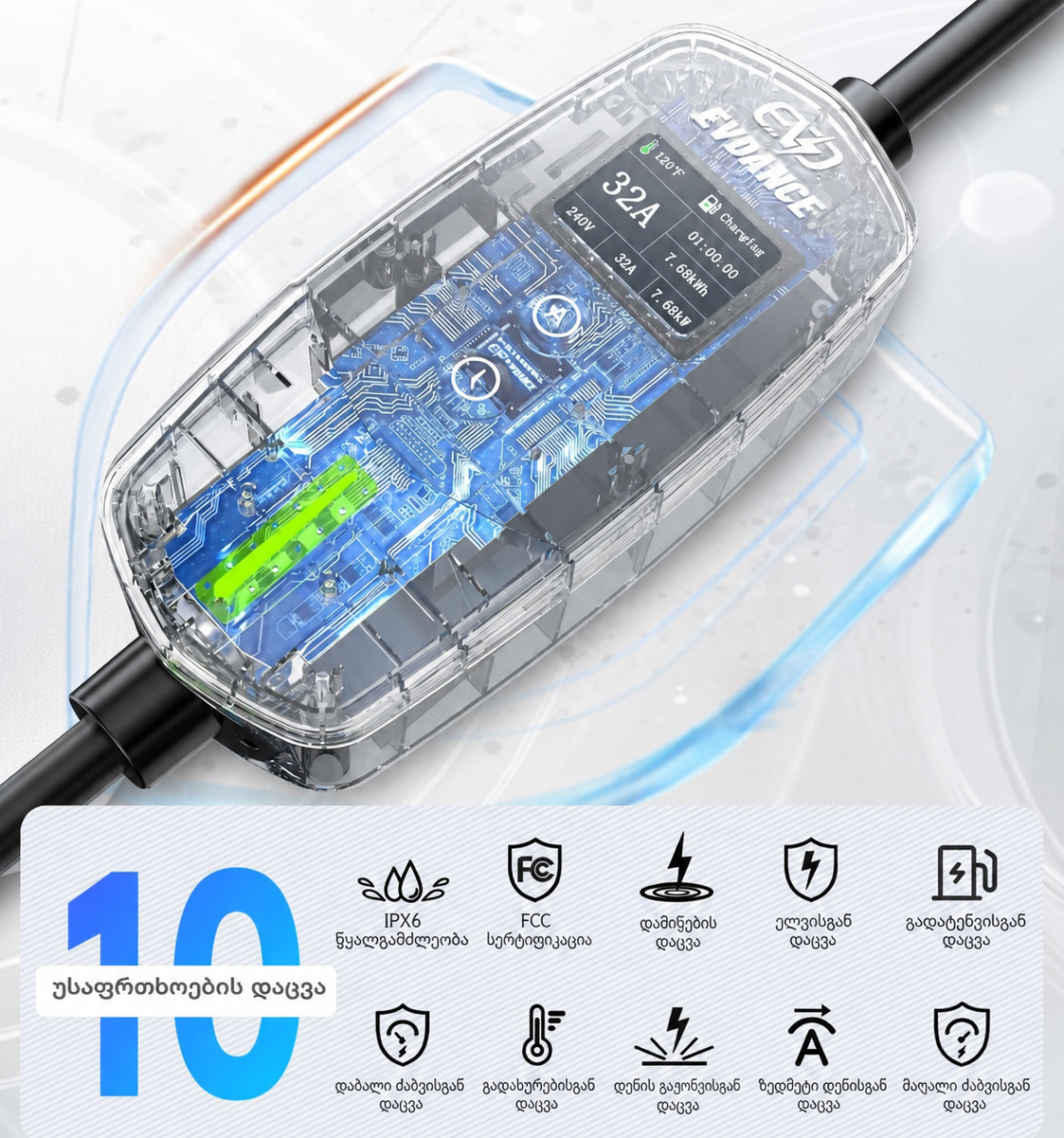 1 EVDANCE - TESLA NACS Portable EV charger EV-ACS3205T 6-32A / 7KW ( 🇺🇸 TESLA-სთვის )
